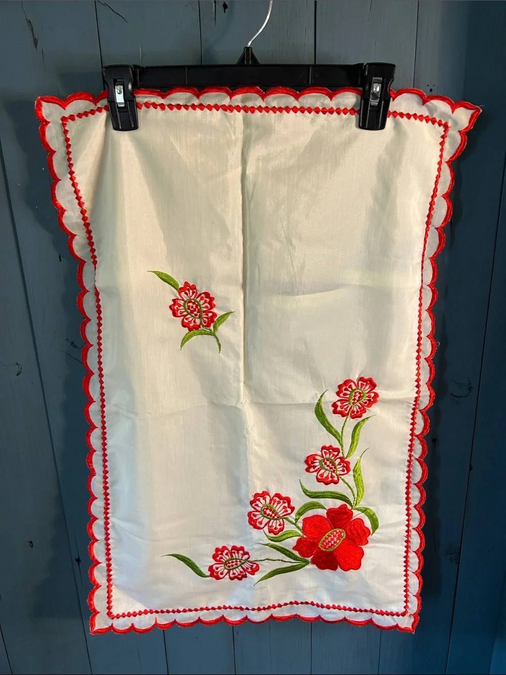 Hand Crafted Embroidered Floral Pillow Sham in Red, Green and Cream | 18x27”